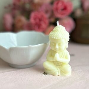 Pale Yellow Buddha Candle in Mid Century White Lotus Bowl